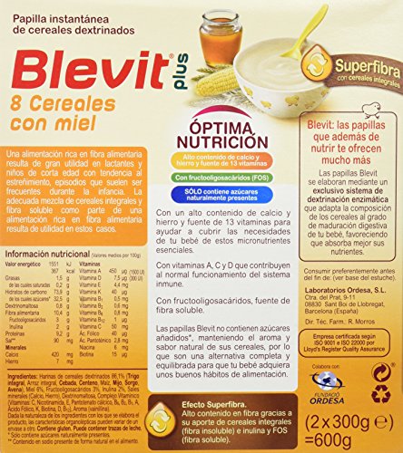 Blevit Plus Superfibra 8 Cereales con Miel, 1 unidad 600 gr. A  partir de los 5 meses.