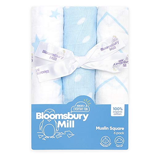 Bloomsbury Mill - Muselinas de Alta Calidad - 100 % Algodón Puro - Estampado de Estrellas, Espiga y Lunares – Azul y Blanco - Juego de 6 - 70 x 70cm