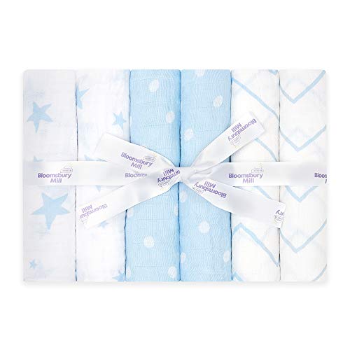 Bloomsbury Mill - Muselinas de Alta Calidad - 100 % Algodón Puro - Estampado de Estrellas, Espiga y Lunares – Azul y Blanco - Juego de 6 - 70 x 70cm