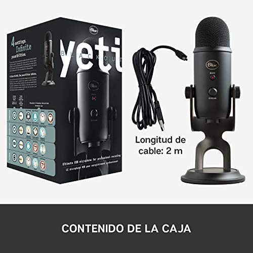 Blue Microphones Yeti - Micrófono USB para grabación y streaming en PC y Mac, 3 cápsulas de condensador, 4 patrones de captación, Salida de auriculares y control de volumen, color Negro (Blackout)