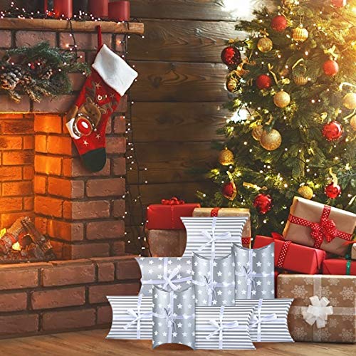 Bluelves Calendario de Adviento, Navidad Cajas de Regalo Pequeñas, Cajas de Almohadas Papel Kraft con Pegatinas Numeración 1-24 para Navidad Fiesta Artesanias Decoración（Plata）