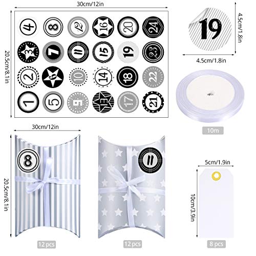 Bluelves Calendario de Adviento, Navidad Cajas de Regalo Pequeñas, Cajas de Almohadas Papel Kraft con Pegatinas Numeración 1-24 para Navidad Fiesta Artesanias Decoración（Plata）