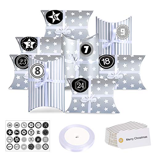 Bluelves Calendario de Adviento, Navidad Cajas de Regalo Pequeñas, Cajas de Almohadas Papel Kraft con Pegatinas Numeración 1-24 para Navidad Fiesta Artesanias Decoración（Plata）