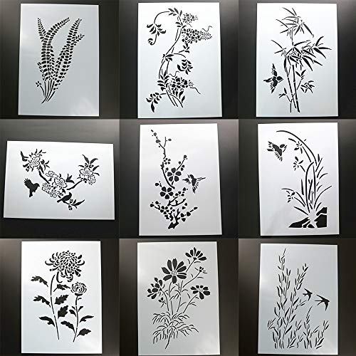 BLUGUL 9pcs A4 Plantillas de Dibujo, para Manualidades Decoración Pared Mueble Ventana Aerógrafo, Gesang Orquídea Ciruela Melocotón Bambú Flores de Glicina Crisantemo