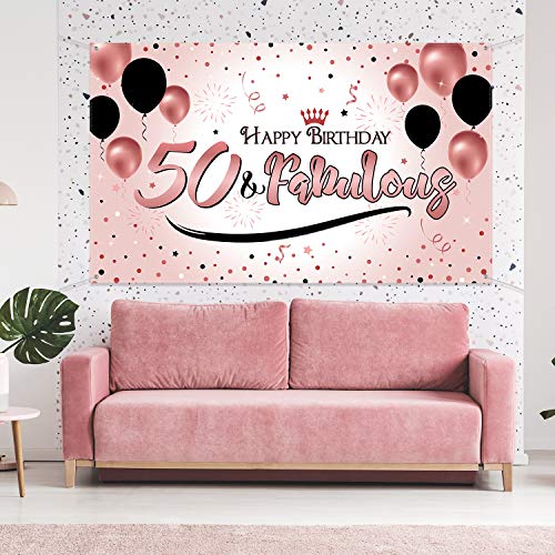 Blulu Decoración de Fiesta de 50 Cumpleaños, Póster de Señal de Tela Extra Grande para 50 Aniversario Fondo de Foto Pancarta de Fondo, Materiales de Fiesta de 50 Cumpleaños (Dorado Rosado)