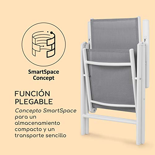 Blumfeldt Almeria Garden Chair - Dos sillas de jardín, Plegables, Estructura Aluminio, Protección Pintura en Polvo, Tela 2x2 MTS. de Secado rápido, Respaldo 7 Posiciones, Blanco/Gris Claro