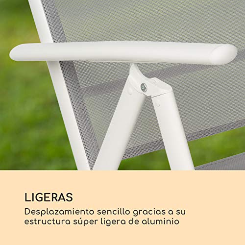 Blumfeldt Almeria Garden Chair - Dos sillas de jardín, Plegables, Estructura Aluminio, Protección Pintura en Polvo, Tela 2x2 MTS. de Secado rápido, Respaldo 7 Posiciones, Blanco/Gris Claro