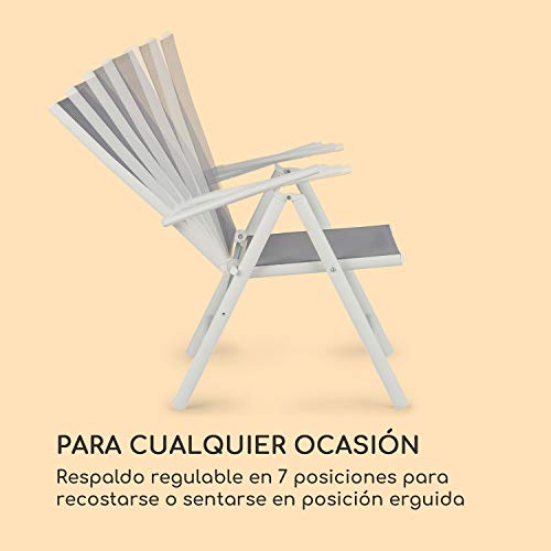 Blumfeldt Almeria Garden Chair - Dos sillas de jardín, Plegables, Estructura Aluminio, Protección Pintura en Polvo, Tela 2x2 MTS. de Secado rápido, Respaldo 7 Posiciones, Blanco/Gris Claro