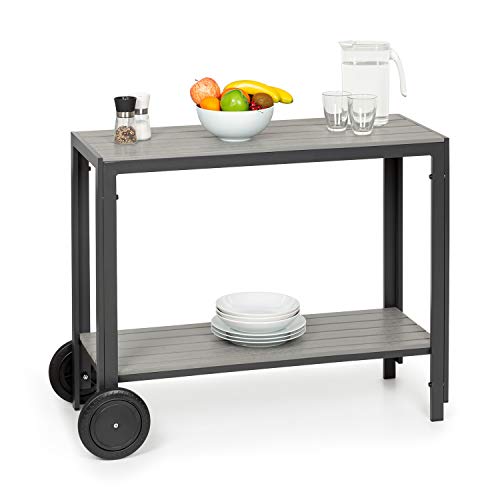 blumfeldt Menorca Roll - Mesa de Servicio con Ruedas, 2 Ruedas, 2 Compartimentos, Resistente Intemperie y Rayos UV, Aluminio Inoxidable, Listones de polywood, Recubrimiento de Pintura en Polvo, Gris