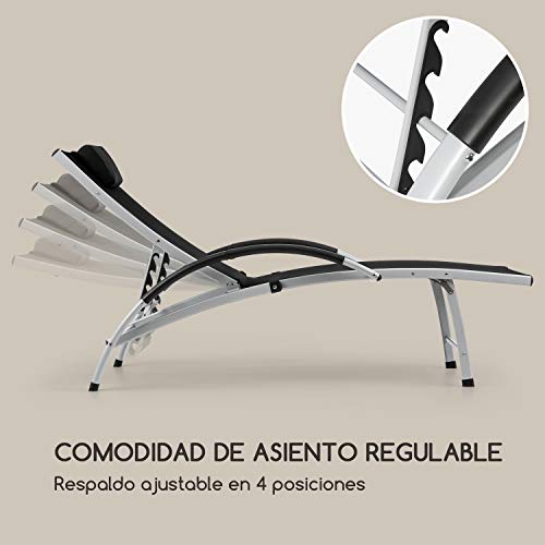 blumfeldt Sun Valley Tumbona con Almohada - Plegable, Estructura de Aluminio, Respaldo reclinable a 4 Alturas Diferentes, Sun Comfort, Material: 70% PVC y ComfortMesh de 30% Poliéster, Negro