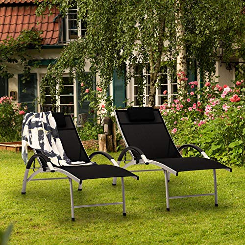 blumfeldt Sun Valley Tumbona con Almohada - Plegable, Estructura de Aluminio, Respaldo reclinable a 4 Alturas Diferentes, Sun Comfort, Material: 70% PVC y ComfortMesh de 30% Poliéster, Negro