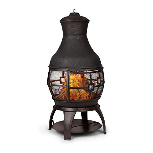 blumfeldt Titus - Chimenea de Patio, Horno de terraza, Fuego Visible en 360°, Hierro Fundido, Inoxidable, Diseño Antiguo, Estable, Parrila para carbón, atizador y Puerta enrejada, Negro