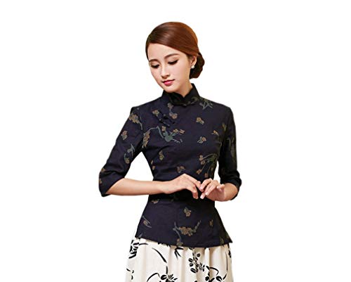 Blusa Mujer Primavera Otoño Elegantes Manga Festival Shirt Moda de Moda Larga Stand Cuello Patrón De Flores Estilo Chino Cheongsam Vintage Camisas Casual Tops