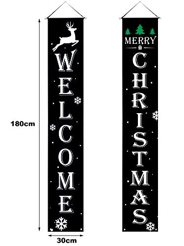 Boao 2 Piezas Banners de Welcome Christmas Bandera de Navidad Cartel Colgante de Porche Señal al Aire Libre de Merry Christmas para Fiesta Pared de Casa Interior al Aire Libre