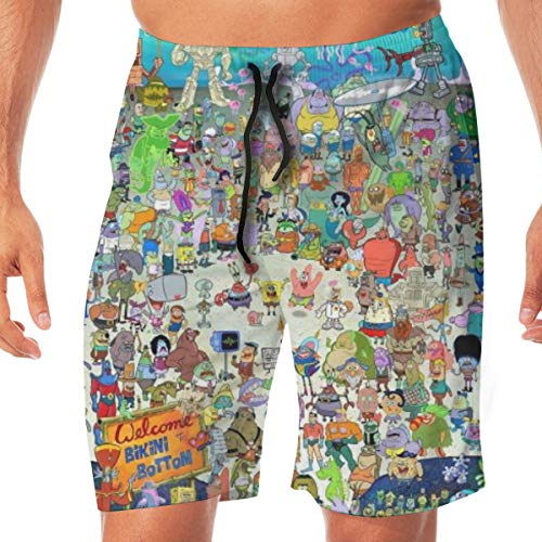 Bob Esponja Squarepants - Bañador para hombre, secado rápido, informal, pantalones cortos de baño, con bolsillos con cordón y forro de malla, talla XL, color blanco