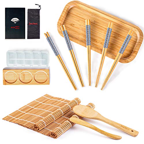 Bochee Juego de Sushi 14 Pcs, Kit para Hacer Sushi y Sushi Plato - Caja de Regalo, Tutoriales en Video y Ebook, 2 Esterillas para Sushi, Sushi Maker, Palillos x 5, Bandeja para Sushi, Plato, Paleta