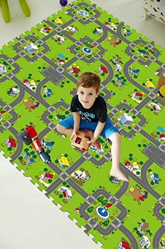 BodenMax CRS-FL3010MAP-18 Alfombrilla Puzzle protectora de espuma para niños y bebés con diseño de rompecabezas en forma de circuito urbano con 18 piezas de 30x30x1 cm