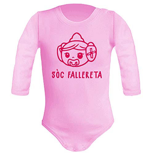 Body bebé Sòc fallereta. Regalo original. Body bebé divertido. Valencia en fallas. Manga larga. (Rosa, 3 meses)