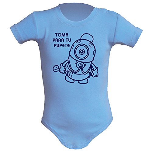 Body bebé unisex. Parodia Minios - Toma para tu pupete. Regalo original. Body bebé divertido. Body friki. Manga corta. (3 meses, Azul)