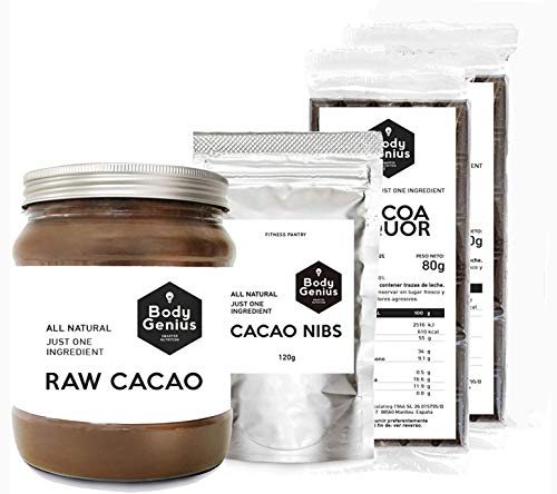 BODY GENIUS Pack Cacao Puro. Cacao Puro en Polvo + 2 x Cacao en Tableta + Nibs de Cacao. Sin Azúcar y Sin Edulcorantes. Vegano e Ideal para Cocinar con Chocolate. Hecho en España.