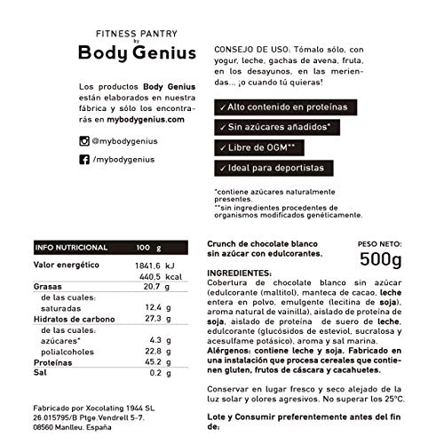 BODY GENIUS Protein Crunch (Chocolate Blanco). 500g. Cereales Proteicos. Bolitas de Proteína Recubiertas de Chocolate Sin Azúcar. Bajo en Hidratos. Snack Fitness. Hecho en España.