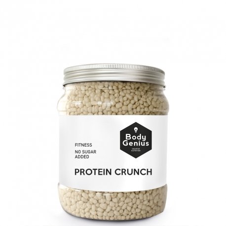 BODY GENIUS Protein Crunch (Chocolate Blanco). 500g. Cereales Proteicos. Bolitas de Proteína Recubiertas de Chocolate Sin Azúcar. Bajo en Hidratos. Snack Fitness. Hecho en España.