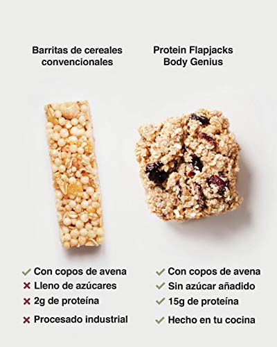 BODY GENIUS Protein Flapjacks (Avellana y chocolate chips). 500g. Preparado para barritas y galletas proteicas. Sin azúcares añadidos. Con Proteína. Snack Saludable. Hecho en España.