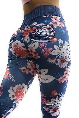 Boho Blossom, Mujeres, Bolsillo para el Fregadero, Leggings, Rosa o Azul Floral, Moda, Ropa Activa, Gimnasio, Sexy. Azul Azul XL