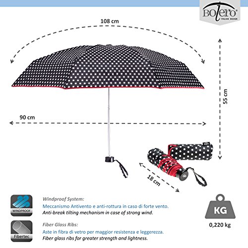 BOLERO OMBRELLI - Paraguas portátil mini plegable, resistente al viento, de alta calidad, apertura manual, tejido Pongee blanco y negro, tamaño de bolsillo, 5 secciones, fibra y aluminio Lunares