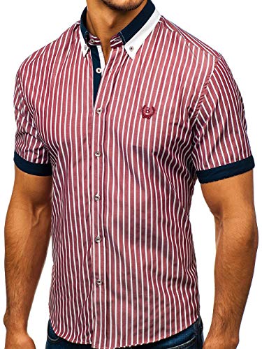 BOLF Hombre Camisa De Manga Corta Abotonada Cuello Americano Camisa de Algodón Slim Fit Estilo Casual 4501 Burdeos L [2B2]