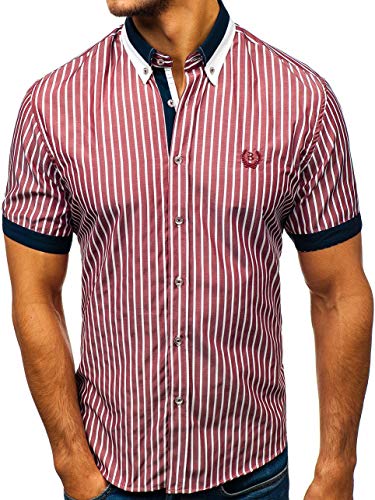 BOLF Hombre Camisa De Manga Corta Abotonada Cuello Americano Camisa de Algodón Slim Fit Estilo Casual 4501 Burdeos L [2B2]