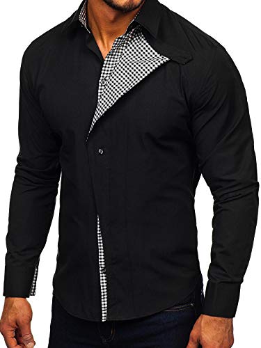 BOLF Hombre Camisa De Manga Larga Cuello Italiano Camisa de Algodón Slim fit Estilo Casual 5746-A Negro L [2B2]