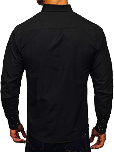 BOLF Hombre Camisa De Manga Larga Cuello Italiano Camisa de Algodón Slim fit Estilo Casual 5746-A Negro L [2B2]