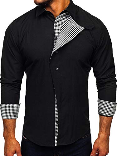 BOLF Hombre Camisa De Manga Larga Cuello Italiano Camisa de Algodón Slim fit Estilo Casual 5746-A Negro L [2B2]