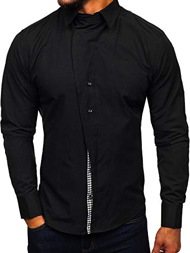 BOLF Hombre Camisa De Manga Larga Cuello Italiano Camisa de Algodón Slim fit Estilo Casual 5746-A Negro L [2B2]