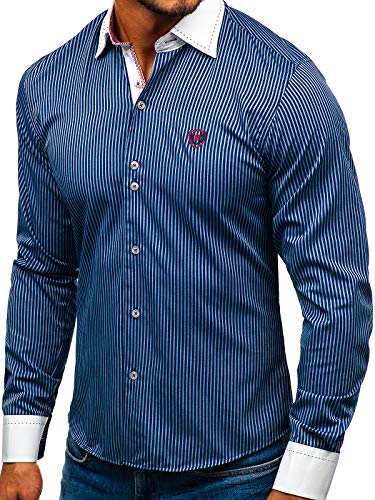 BOLF Hombre Camisa de Rayas De Manga Larga Cuello Italiano Camisa de Algodón Slim fit Estilo Casual 4784-A Azul Oscuro L [2B2]