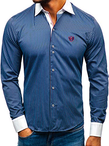 BOLF Hombre Camisa de Rayas De Manga Larga Cuello Italiano Camisa de Algodón Slim fit Estilo Casual 4784-A Azul Oscuro L [2B2]