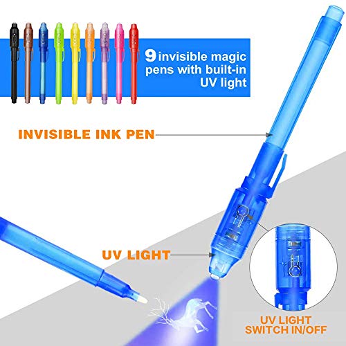 Bolígrafo de Tinta Invisible lápiz espía con rotulador mágico de luz UV para Mensajes Secretos y Fiestas para Cumpleaños Infantiles Festival de Música Fiesta (9 Bolígrafos)