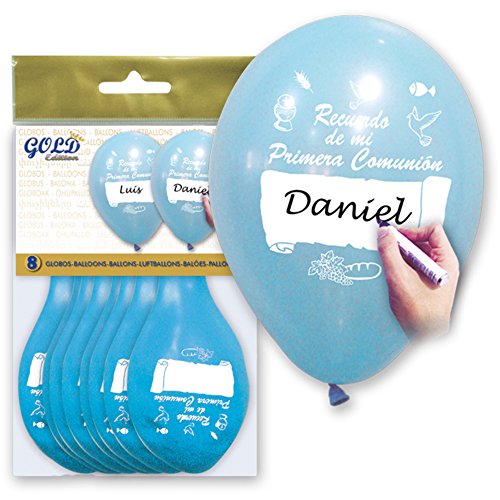 BOLSA 8 GLOBOS PRIMERA COMUNIÓN AZULES PERSONALIZABLES Ø29x36