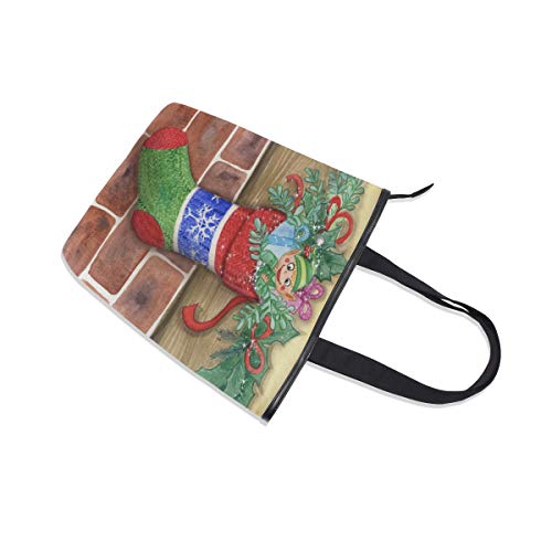 Bolsa de Lona para calcetín de Papá Noel con diseño de árbol de Navidad y Bayas de Acebo, Reutilizable, Bolsa de Compras, Bolso de Mano para Mujer, Estilo Casual