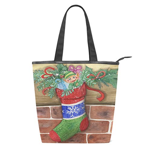 Bolsa de Lona para calcetín de Papá Noel con diseño de árbol de Navidad y Bayas de Acebo, Reutilizable, Bolsa de Compras, Bolso de Mano para Mujer, Estilo Casual