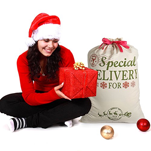 Bolsa de Navidad Santa Sacos para regalo Arpillera personalizada Extra Grande 19.7 "X 26.8" con cordón rojo para regalos de Navidad (grande)