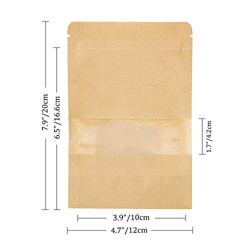 Bolsa de Papel Kraft Reutilizables Marrón Ziplock Auto Sellante Stand Up con Ventana Transparente Impermeables Aplicar DIY Té Granos de Café Tea Almacenamiento de Alimentos50Pcs12*20cm