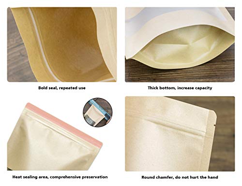 Bolsa de Papel Kraft Reutilizables Marrón Ziplock Auto Sellante Stand Up con Ventana Transparente Impermeables Aplicar DIY Té Granos de Café Tea Almacenamiento de Alimentos50Pcs12*20cm