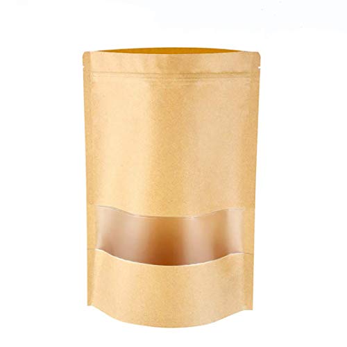 Bolsa de Papel Kraft Reutilizables Marrón Ziplock Auto Sellante Stand Up con Ventana Transparente Impermeables Aplicar DIY Té Granos de Café Tea Almacenamiento de Alimentos50Pcs12*20cm