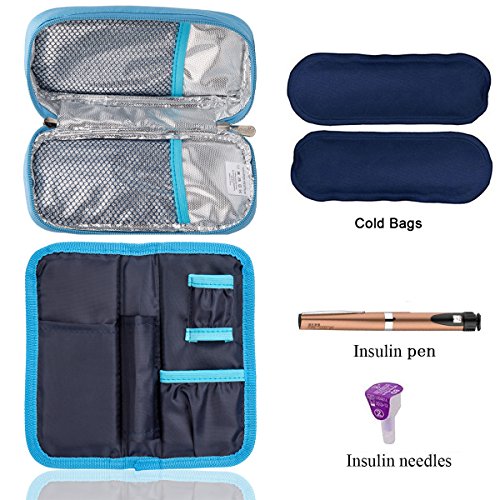 Bolsa diabética ONEGenug Enfriador de insulina Bolsa Bolsa de jeringas para la diabetes, insulina y medicamentos 20x4x9cm (azul + 2 Bolsas de hielo)