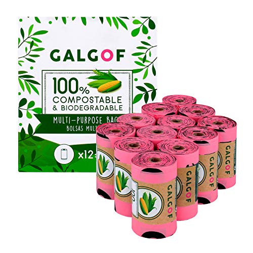 Bolsas de basura biodegradables e higiénicas para caca y heces de perro. 12 Rollos perfumados, compostables y ecológicos para residuos y excrementos de mascotas (180 uds.). Muy resistentes (rosa)