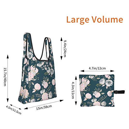 Bolsas de compras plegables reutilizables, rubor dorado purpurina verde azulado floral impermeable y ligera, de gran capacidad, ecológica, con asas para viajes, biblioteca y comestibles.