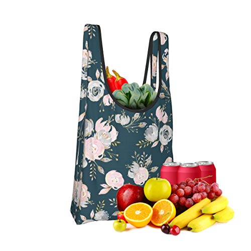 Bolsas de compras plegables reutilizables, rubor dorado purpurina verde azulado floral impermeable y ligera, de gran capacidad, ecológica, con asas para viajes, biblioteca y comestibles.