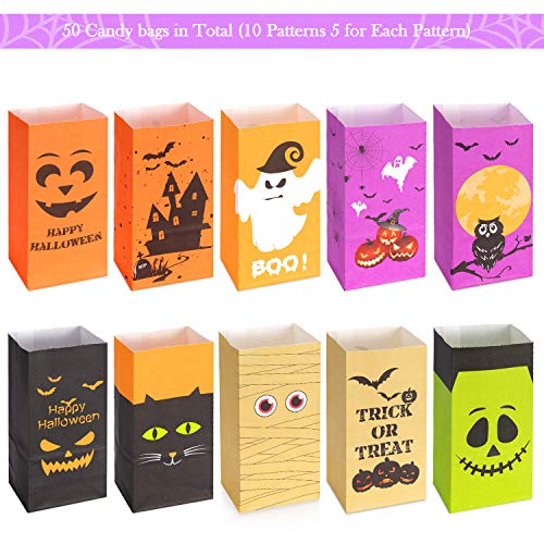 Bolsas de golosinas de Halloween para fiestas - 50 bolsas de dulces de Halloween para niños para trucos o golosinas + 60 pegatinas de Halloween，bolsas de regalos de Halloween, suministros para fiestas